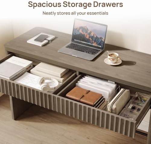 SICOTAS Office Computer Desk with 4 Drawers Modern Executive Writing Desk 97.6" Large Work Home Office Desks with Storage Fluted Makeup Vanity Table Study Table for Living Room Bedroom, Grey Alder - Image 4