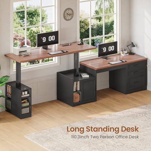 SEDETA Farmhouse L Shaped Electric Standing Desk, 63" x 67" Height Adjustable Office Executive Desk with Drawers and Shelves, Standing Computer Desks with Power Outlet for Home Office, Black+Brown - Image 4