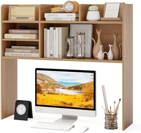 GOFLAME 6 Shelves Desktop Bookshelf, 37” Desk Hutch Dorm for Computer Monitor Up to 32”, 3-Tier Countertop Display Rack, Wood Desk Storage Organizer Shelf for Home Office, Study, Natural by GOFLAME
