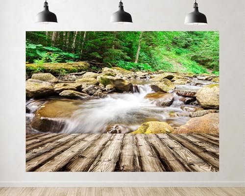 Trykid 6x4ft Forest Stream Mossy Rocks Wooden Deck Backdrop Lush Fresh Serene Photography Background Nature Adventure Party Decoration Photo Booth Prop Fabric by Unknown
