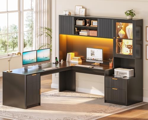 SEDETA 67" x 65" L Shaped Desk with Hutch, RGB LED Corner Computer Desk with Power Outlets, Fluted Home Office Desk with File Drawer, Storage & Glass Display Cabinets for Gaming & Working, Black by SEDETA