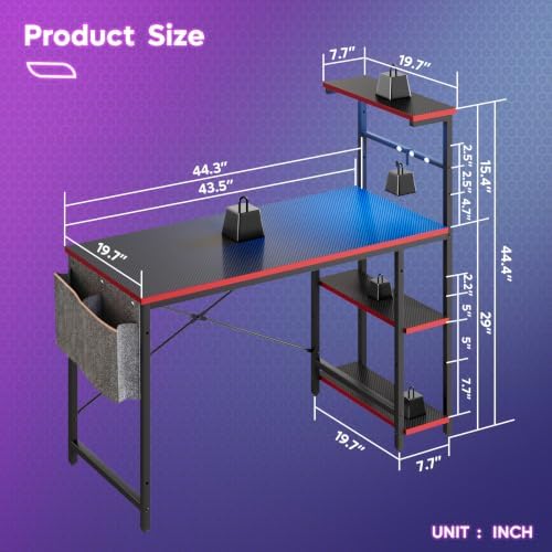Bestier 44" Gaming Desk with LED & Storage,Gamer Desk, Carbon Fiber Black - Image 3
