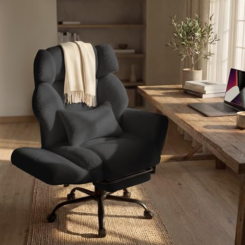 Office Chair with Flip Armrests,Big and Tall Office Chair with Foot Rest,Extra Wide Seat & Lumbar Pillow,Comfy Criss Cross Chair for Pets Sitting,Ergonomic Computer Gaming Chair,Teddy Fleece,Black by SOFAYONN