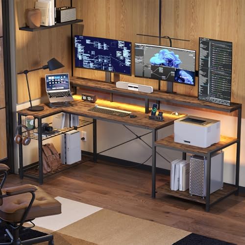 Bestier 71.5" L Computer Desk with Power Outlets, Rustic Brown by Bestier