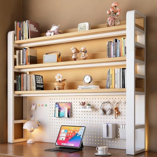 Desk Shelf - Includes a Pegboard and a Free 31-Piece Storage Accessory Set, Desk Hutch, Adjustable Hutch for Home Office Dorm (4-Tier White Frame + Natural Wood Board 53.2×9.8×48.5") by Unknown