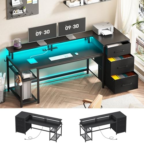 SEDETA 59" Office Desk with Drawers, Reversible Computer Desk with File Drawers & Storage, Gaming Desk with LED Lights & Power Outlet, Home Office Desks for Printer, Black - Image 3