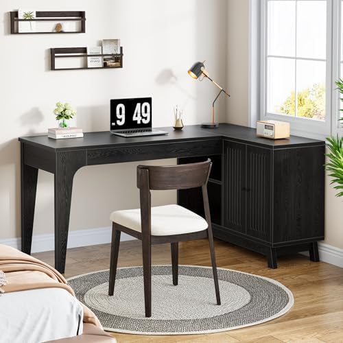 Tribesigns 57-Inch L-Shaped Desk, Office Computer Desk with Storage, Wooden Corner Workstation, Study Writing Table for Home Office (Black) - Image 4
