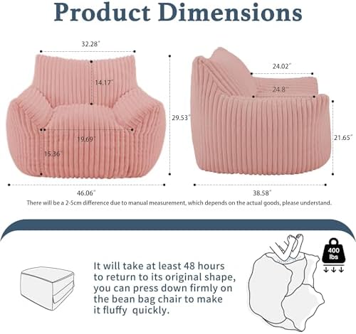 Giant Plush Bean Bag Chair for Adults with Armrests - Oversized Comfy Pink Beanbag Lounge Lazy Floor Sofa Accent Chair for Living Room, Bedroom & Dorm, Cozy Fluffy Single Cloud Mini Couch - Image 2