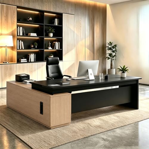 L Shaped Executive Desk with Drawers, Large Wood Workstation, Modern Executive Office Furniture for Home Office and Business Workspace, Multiple Sizes & Colors by Unknown