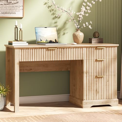 Vabches Fluted Executive Desk with Drawers, Wood Computer Desk with Ample File Drawer, Home Office Desk with Storage for Study, Bedroom, Living Room, Oak by Vabches
