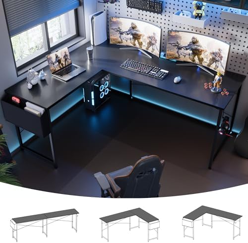 Pamray 64.5 Inch Reversible L Shaped Gaming Desk Large Corner Computer Desk with Storage Bag Home Office Table for Writing Study Black by PAMRAY