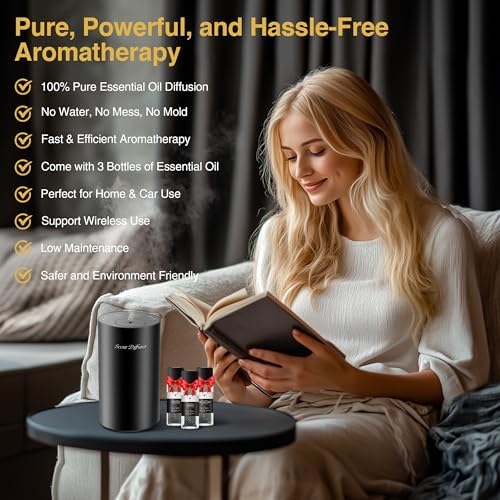 Waterless Essential Oil Diffuser Starter Kit - No Water Needed, Battery Operated Mini Scent Air Machine, Included 3x20ML Essential Oils, Portable Aromatherapy Diffuser for Home & Car & Office, Black - Image 2