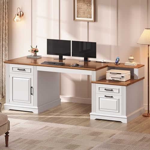 SEDETA Farmhouse Executive Desk, 62'' Home Office Desk with File Drawers, 3Drawer and Storage Cabinet, Computer Desk with Power Outlet for Home Office, Work Study Writing, White + Walnut by SEDETA