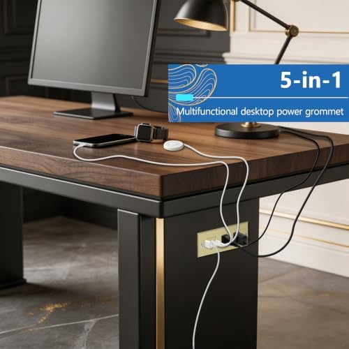 LIDER Rectangle Desktop Power Grommet with USB-C PD60W & USB-A, USB Combined Output 65W, 12A AC Outlets, Auto-Slide Cover, 6.5ft Cord, Desk Charging Station, ETL Listed, Thermoplastic, Matte Gold - Image 4