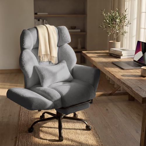Office Chair with Flip Armrests,Comfy Criss Cross Chair for Pets Sitting,Big and Tall Office Chair with Foot Rest,Extra Wide Seat & Lumbar Pillow,Ergonomic Computer Gaming Chair,Teddy Fleece,Grey by SOFAYONN