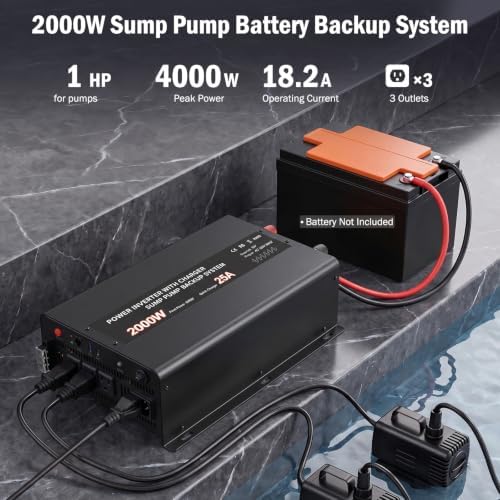Sump Pump Battery Backup System, 2000W Pure Sine Wave Inverter with Remote Control & LCD Screen, Auto Switches to Battery Power, for Basement Flood Protection & Power Outage Emergency - Image 5