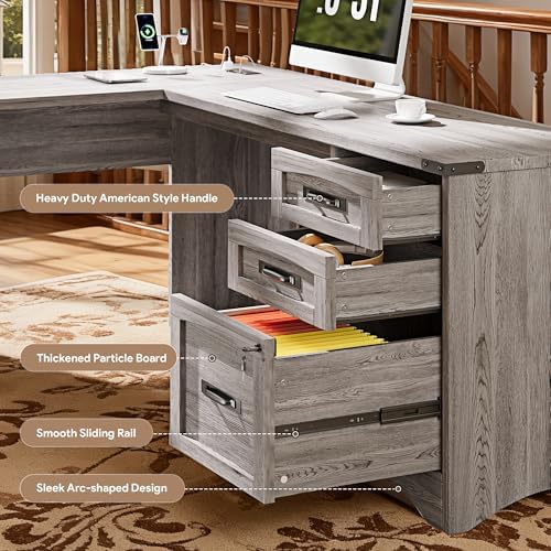 Decofy 67" Farmhouse L Shaped Standing Desk with Drawers Home Office Executive Desks with Fast Charging Station, Lockable File Cabinet, Wood Writing Computer Desk for Work, Study, Grey - Image 5