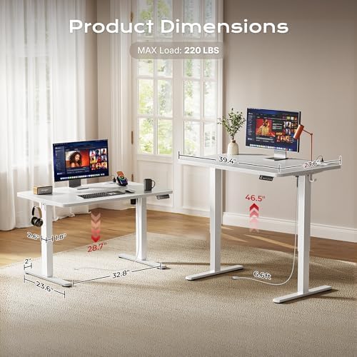 Huuger 39 X 24 Inch Electric Standing Desk with Power Outlets and USB-C Port, Height Adjustable Desk, Sit Stand Desk for Home Office, Computer & Gaming Desk with 3 Presets, Stable Steel Frame, White - Image 5