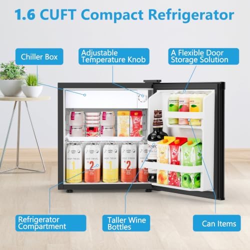 Electactic 1.6 Cu.ft Mini Fridge, Compact Single Reversible Door Refrigerator, Adjustable Thermostat, Ultra Quiet, Energy Efficient for Office, Dorm, Bedroom, Apartment -Black - Image 2