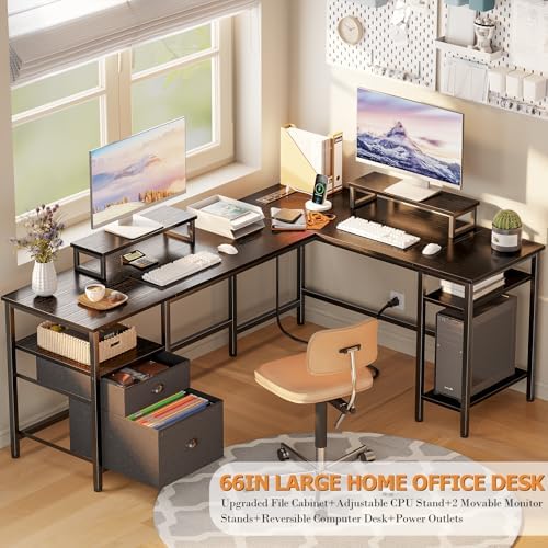 Furologee 66 Inch L Shaped Desk with 2 Drawers and Power Outlet, Black - Image 4