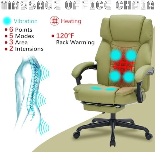 Massage Office Chair with Foot Rest 6 Points Vibration and Heat Home Office Desk Chairs for Heavy People 400lbs Reclining Managerial Chairs Ergonomic Executive Chair (Green) - Image 3