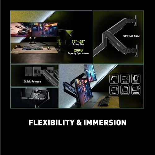 MSI MAG MT201D - Premium Heavy Duty Dual Monitor Stand Arms, 17-45" Support, VESA Compatible, Adjustable Spring Mount, 44 lbs per Screen, Clamp & Grommet, Quick Release Plate - Black - Image 3
