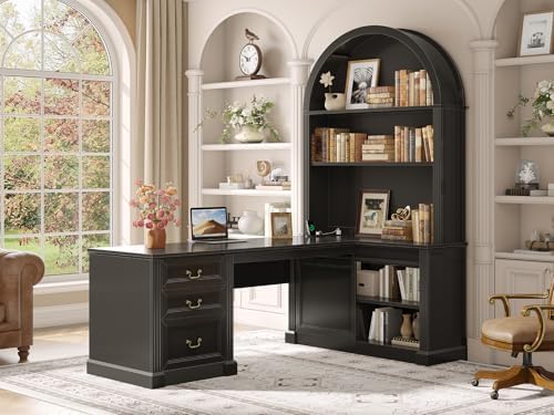SEDETA 67" L Shaped Desk with Tall Arched Bookshelf & 3 Drawers Storage by SEDETA