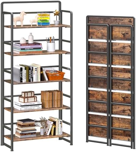 4NM No Assembly 5 Tier Folding Bookshelf Tall Storage Shelves Vintage Bookcase Standing Racks Study Organizer Home Office by 4NM
