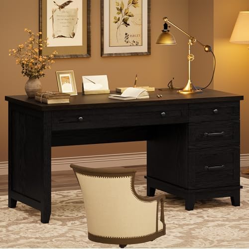 53.5" Farmhouse Home Office Desk with File Cabinet, Wooden Executive Desk with Power Outlet, Work Desk with Drawers, Traditional Wood Desk for Home and Office, Black - Image 5