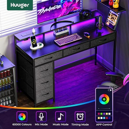 Huuger Gaming Desk with 6 Drawers, Computer Desk with LED Lights Power Outlets and Type-C, 47 Inch Office Desk with Storage, Monitor Stand, Writing Desk Work Desk Home Office, Bedroom, Black - Image 4