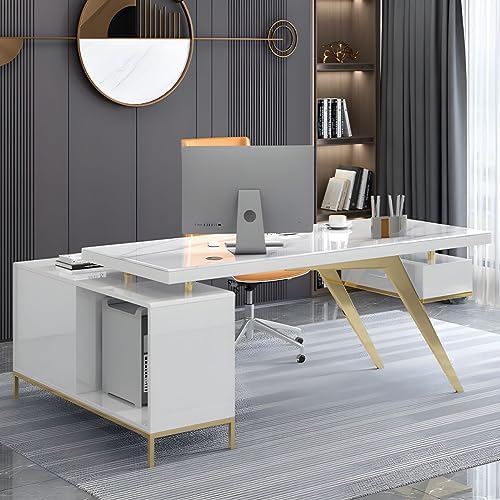 LAKIQ L-Shape Executive Desk with File Cabinet Storage Stone Countertop Modern Computer Desk with Pedestal Writing Desk Table for Home Office-Without Chair(Left Hand Return,55" L x 47.2" W x 29.5" H) - Image 3