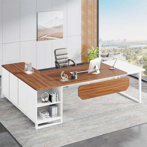 Tribesigns 70.8" L-Shaped Executive Desk with 55" File Cabinet, Large Home Office Computer Desk with Storage Shelves and Cabinet, Modern Business Furniture Set Home Office, Walnut White - Image 3