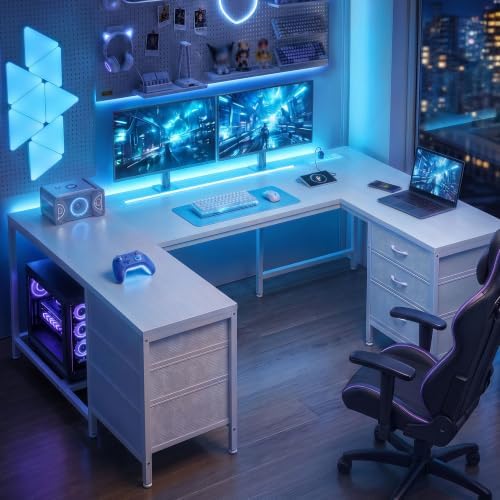 DurayLoly 67" Large Gaming Desk with Power Outlets for Bedroom,White by Durayloly