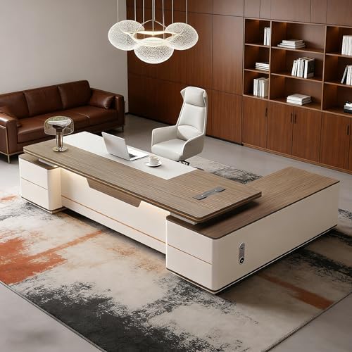 Modern L Shaped Executive Desk with Drawers & Storage, Executive Office Desk Computer Table with Aluminum Alloy Inlaid Curved Surface, Management Workstation for Home or Office(F-Left, L300CM/118IN) by Unknown