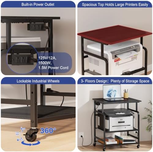 3 Tier Large printer stand with Power Outlet/storage,Rolling Printer Cart - Image 3
