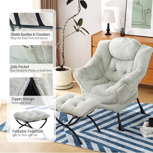 Furlide Lazy Chair with Ottoman, Plush Reading Chair for Bedroom，Green - Image 5