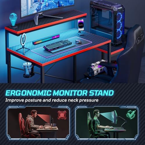 48'' Gaming Desk with Raised Monitor Shelf, LED Lights, Black&Red - Image 3
