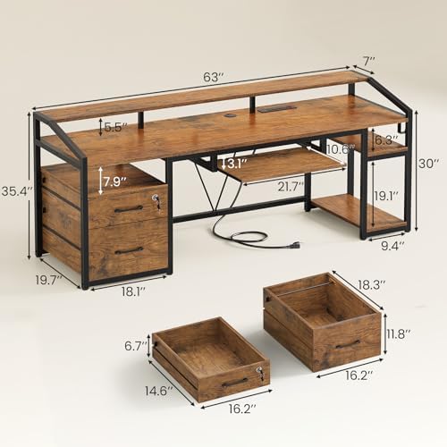 SEDETA 63" Computer Desk, Office Desk with Lock Drawers for Legal/Letter File, Gaming Desk with LED Light & Power Outlet, Home Office Desks for Printer, Rustic Brown - Image 2