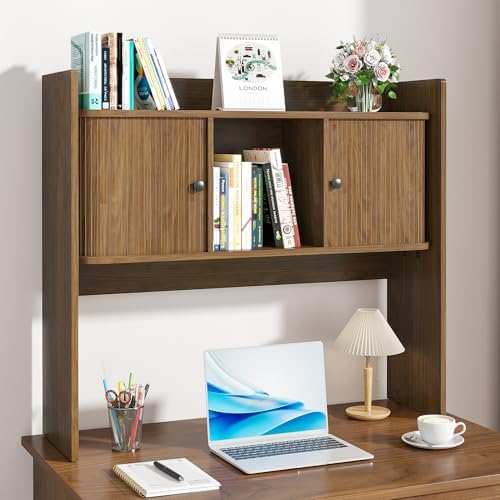 Mid Century Modern Desk Hutch Storage, 36 x 32 Inch Fluted Desktop Bookshelf, Wooden Desk Shelf Organizer with 2 Doors, for Laptop, Desktop Shelf for Dorm, Study, Office, Walnut, Brown - Image 6