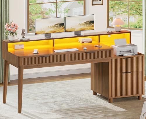 SEDETA Modern Office Desk with 4 Drawers, 59" Fluted Gaming Computer Desk with Storage, LED Lights and Power Strip, Wood Writing Desk Study Table for Home Office, Living Room, Bedroom, Brown by SEDETA