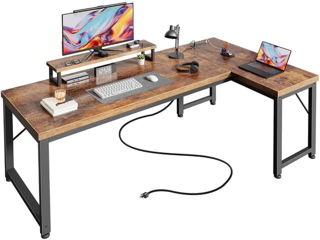 PRAISUN 61" L Shaped Computer Desk, Outlets, Monitor Stand, Rustic Brown by PRAISUN