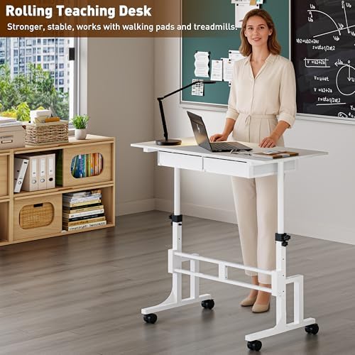 Height Adjustable Standing Desk with 2 Drawers, Small Sit Stand Up Desk with Wheels, Portable Rolling Desk for Walking Pad Treadmill, Computer Office, Adjustable 31.5"-43.3", White, Upgraded Stable - Image 5