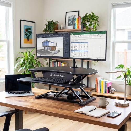 VERSADESK PowerPro 36 Inch Electric Corner Standing Desk Converter, Push-Button Height Adjustable Sit to Stand Desk Riser, Dual Monitor & Laptop Workstation with Keyboard Tray, Black - Image 2