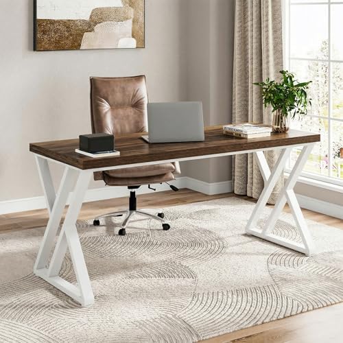Tribesigns Modern Walnut/White 55" Heavy Duty Computer Desk, Study & Work Desk, 23.6"D x 55.1"W x 29.5"H, Z-Shaped Metal Legs, 330 lbs Capacity by Tribesigns