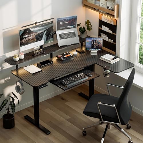 Acrolix 59" L Shaped Standing Desk with Shelves Keyboard Tray,Black Carbon - Image 2