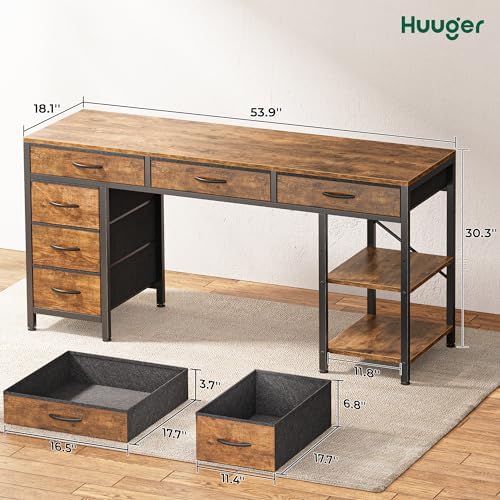 Huuger Computer Desk with 6 Drawers, Office Desk with Shelves, Reversible Gaming Desk, Corner Desk with Storage, Work for Home Office, Study, Living Room, 54inch, Rustic Brown - Image 3