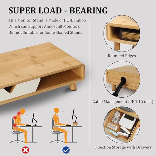 Homerays Monitor Stand with Drawer, Exquisite Computer Monitor Stand for Desk, Ergonomic Wood Monitor Stand Riser for Computer,Laptop,Printer,TV,Bamboo,White - Image 5