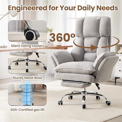 Big and Tall Office Chair with Flip Arms and Footrest, Teddy Criss Cross Legged Home Office Desk Chair with Pet Seat, Comfy Reclining Computer Gaming Chair, Grey - Image 3