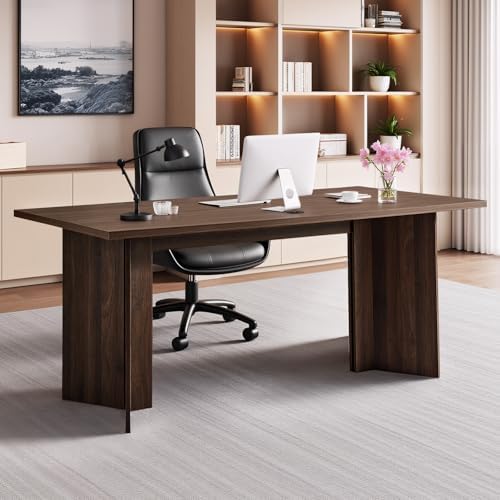 VEVOR 63 in Executive Desk, Large Modern Rectangle Office Table, Heavy Duty Wooden Executive Table with Cable Connection Hole, 250 LBS Load Capacity, Easy Assembly, for Work Study Writing, Walnut by VEVOR