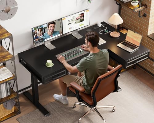 OffiGo 55 Inch L Shaped Standing Desk with 4 Wooden Drawers, Black - Image 2